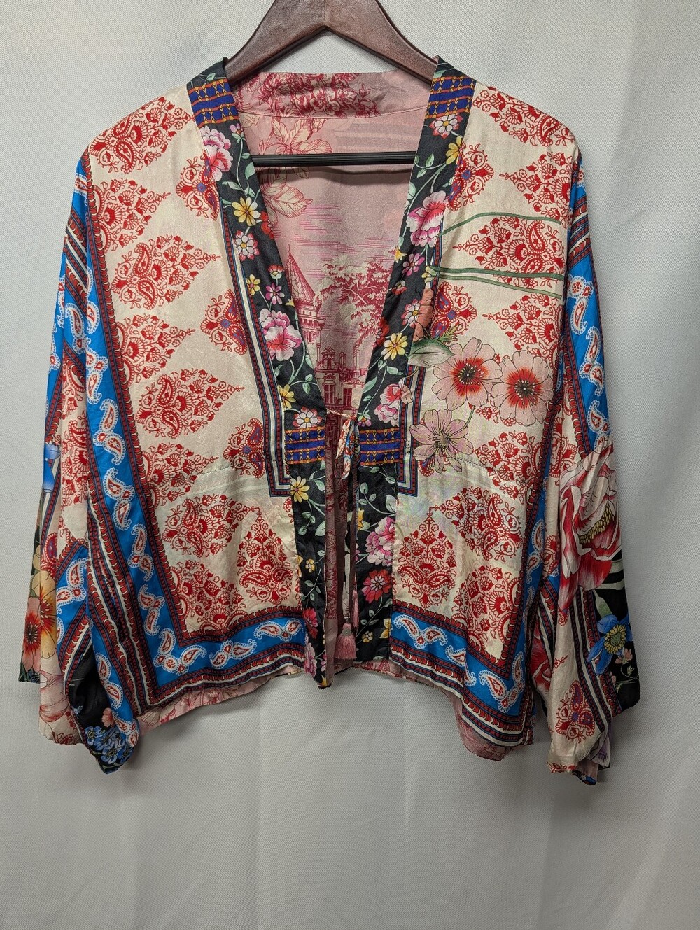 Johnny Was Silk Reversible Kimono Jacket W/ Floral Patchwork Size M